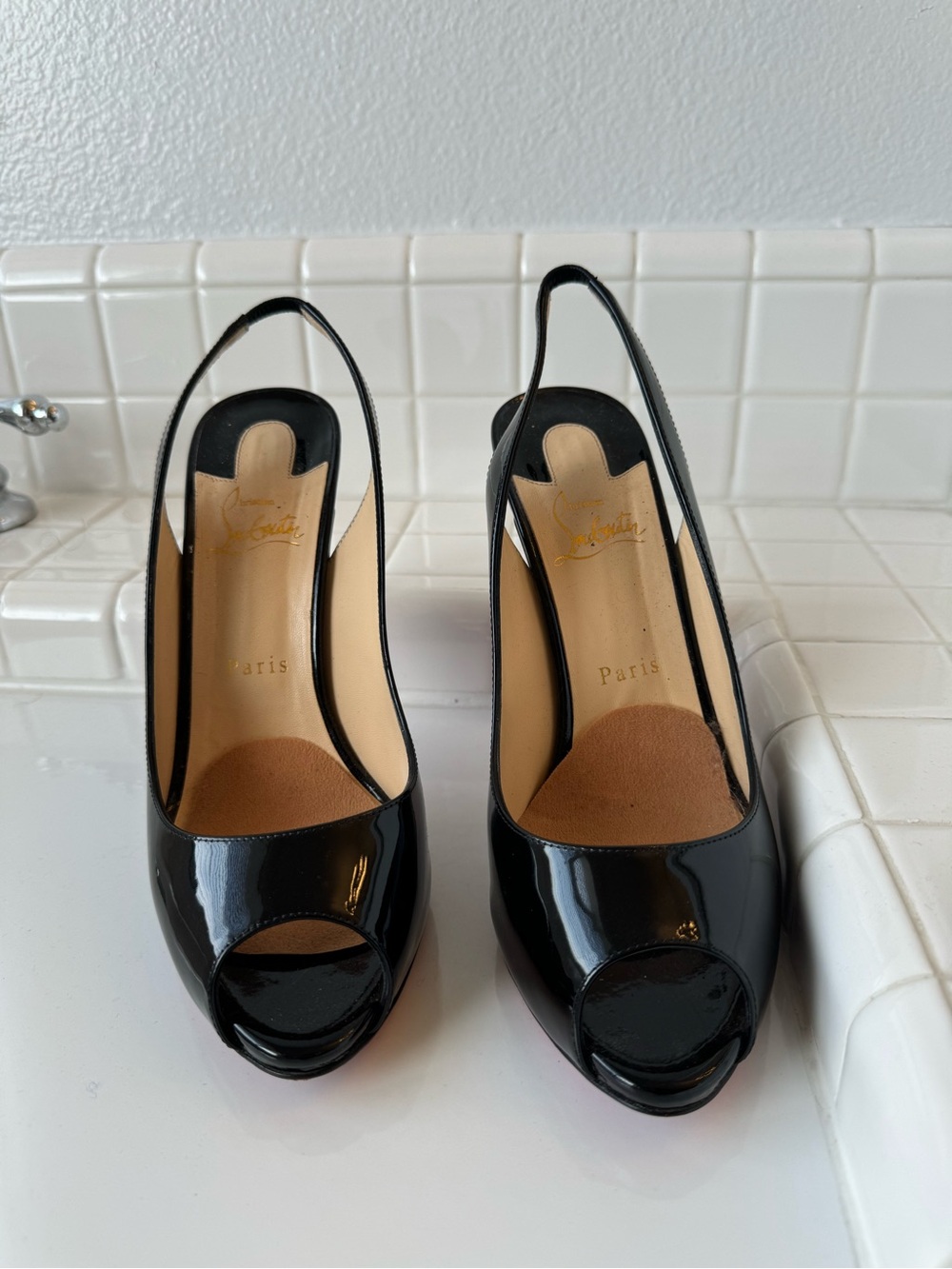 Christian Louboutin Black Patent Peep-Toe Slingback Heels